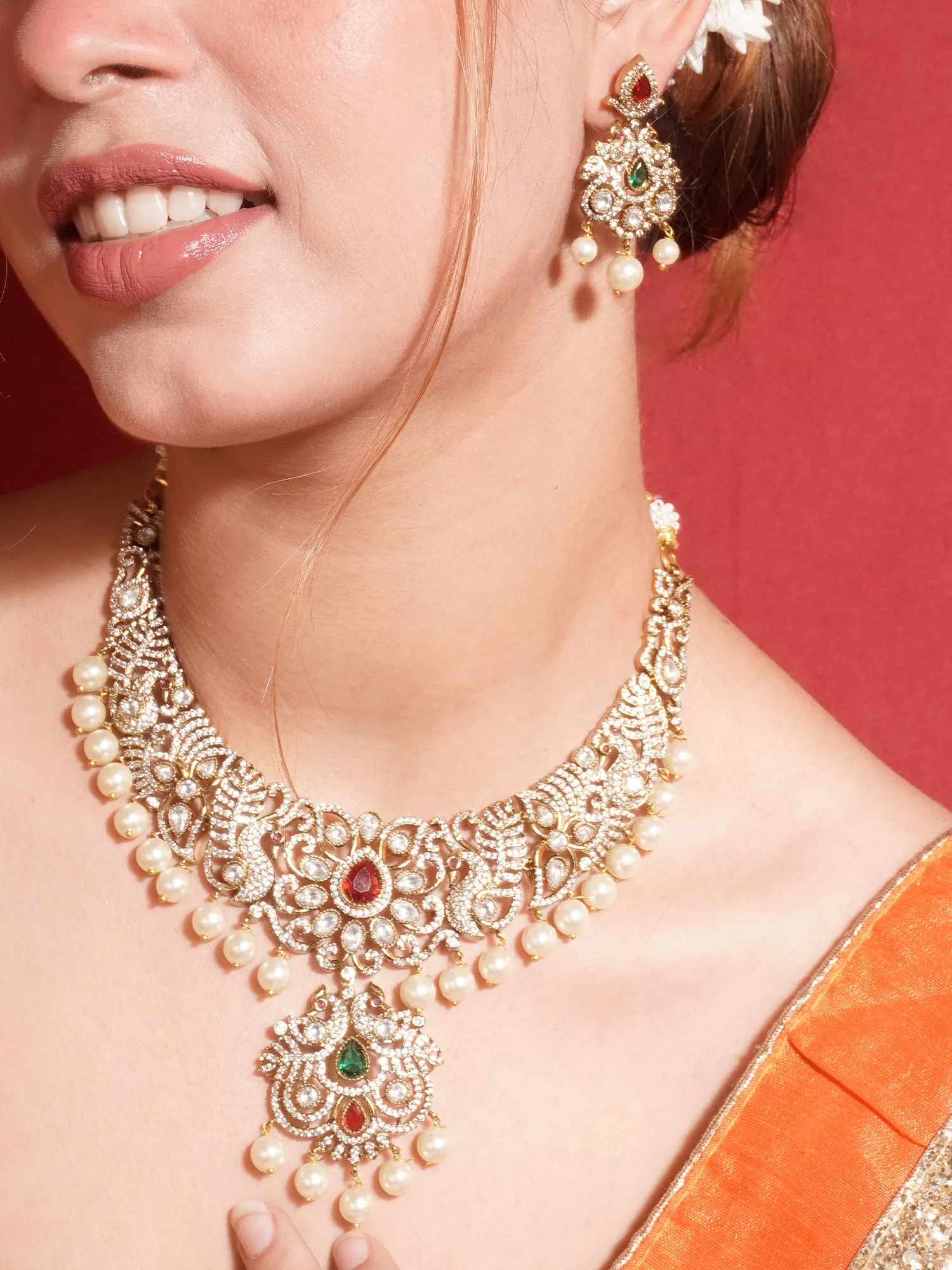 24K Gold Plated Peacock Jewelry Set with Ruby Emerald and Pearls