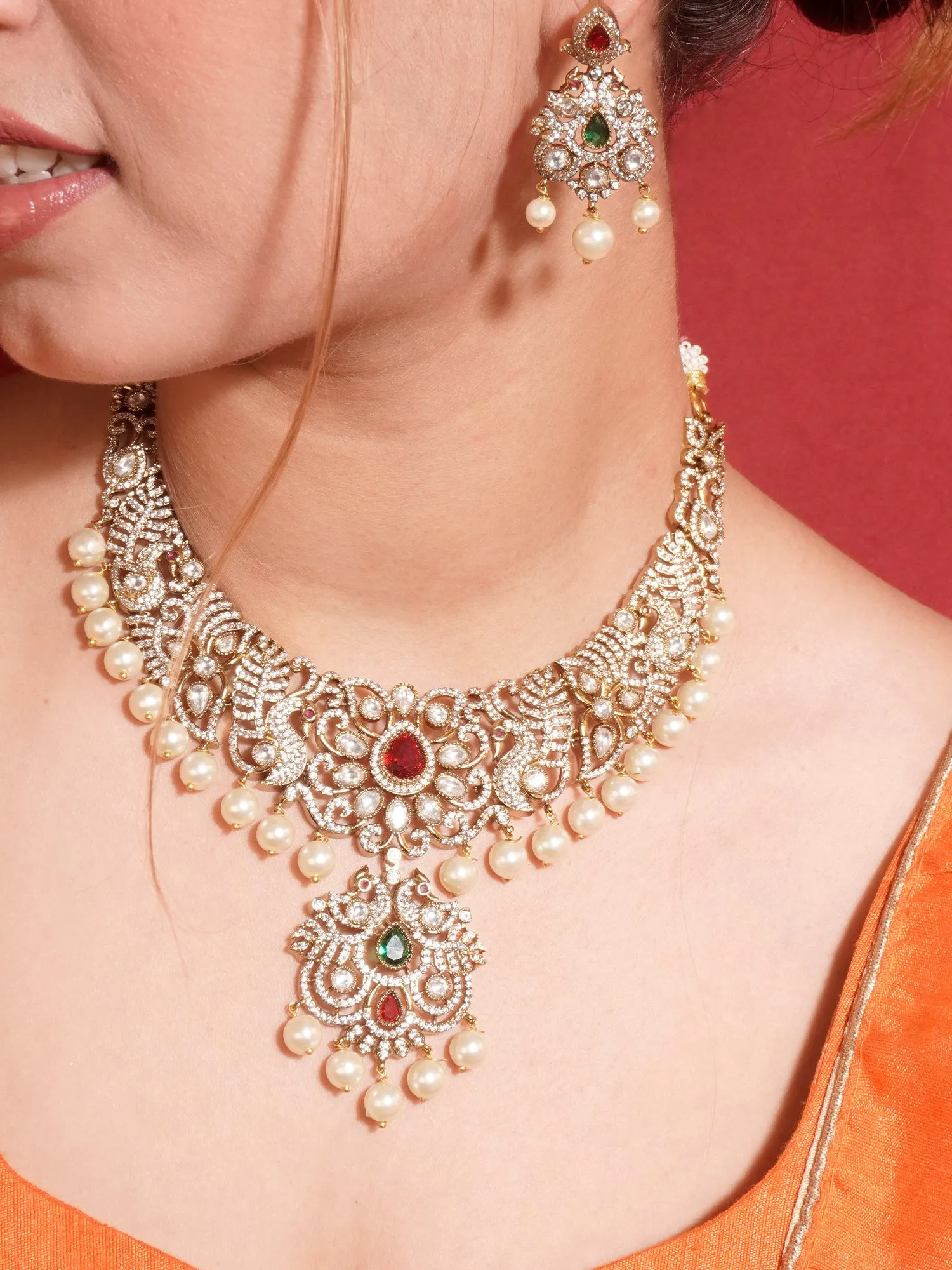 24K Gold Plated Peacock Jewelry Set with Ruby Emerald and Pearls