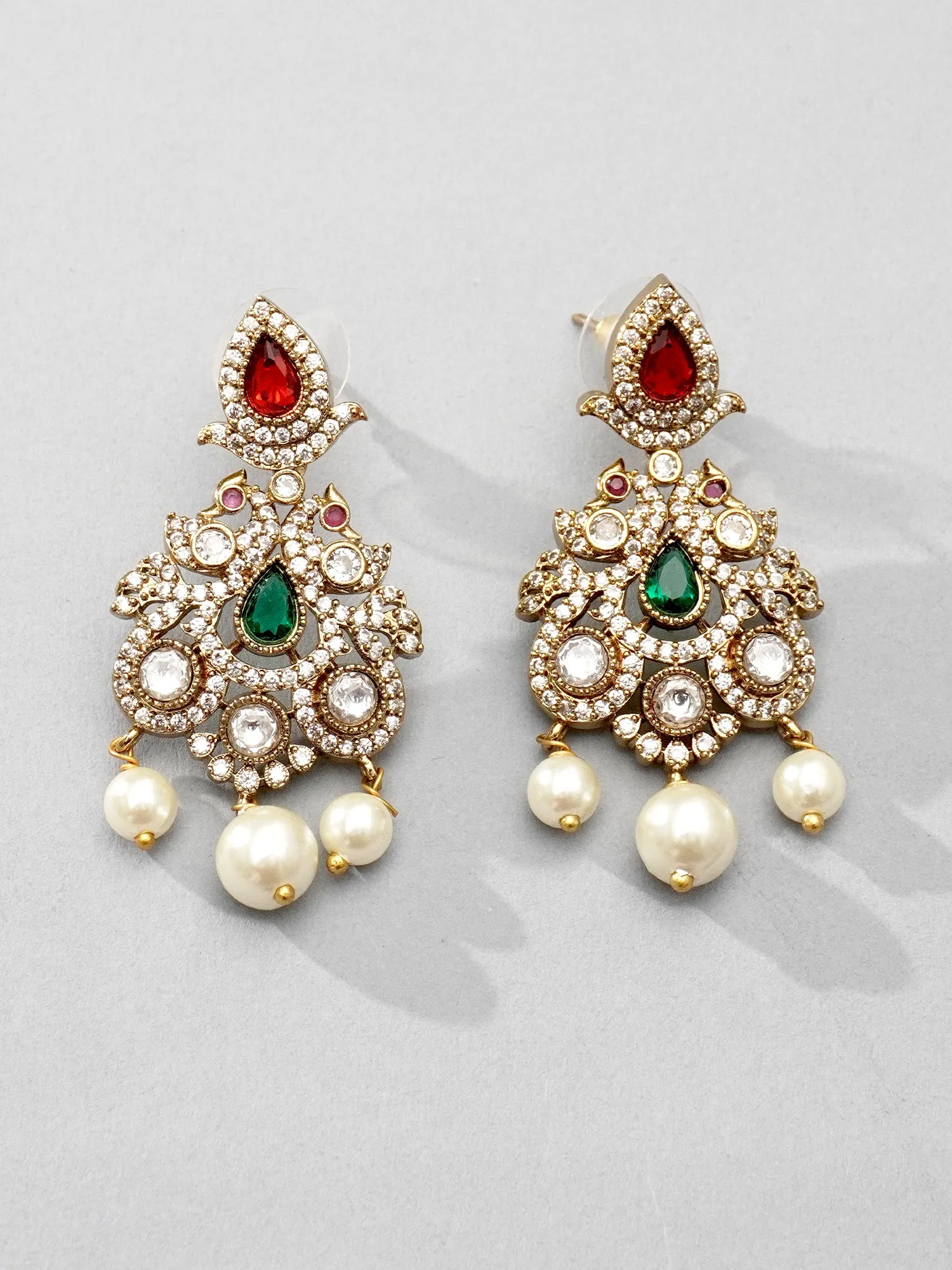 24K Gold Plated Peacock Jewelry Set with Ruby Emerald and Pearls