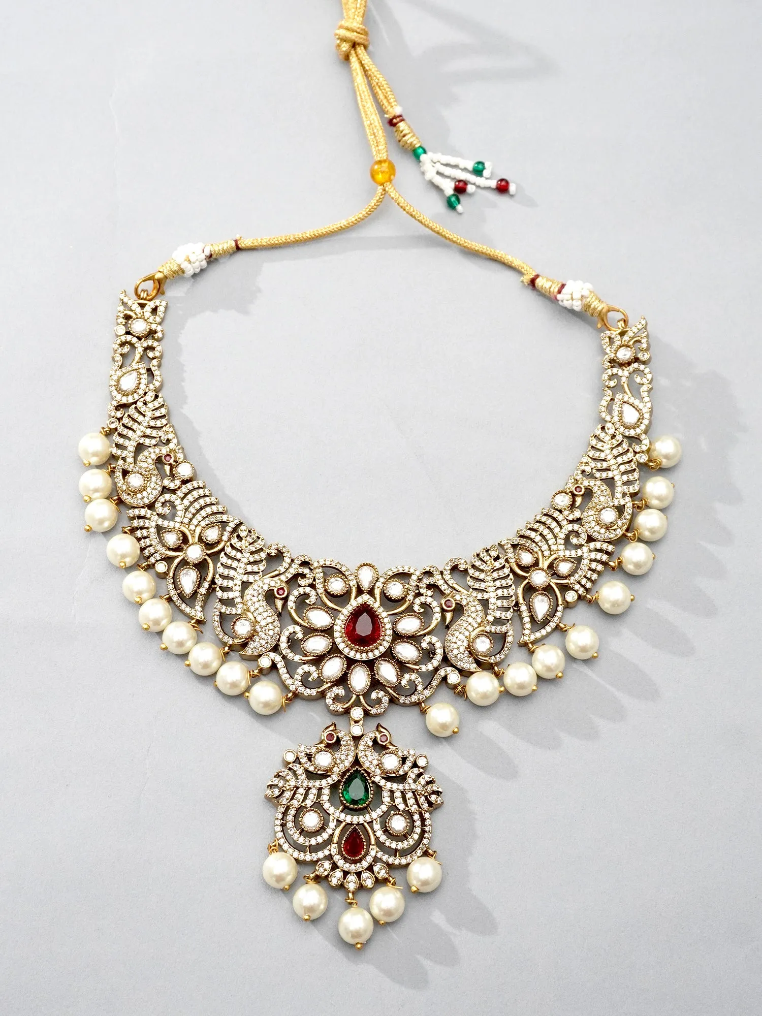 24K Gold Plated Peacock Jewelry Set with Ruby Emerald and Pearls
