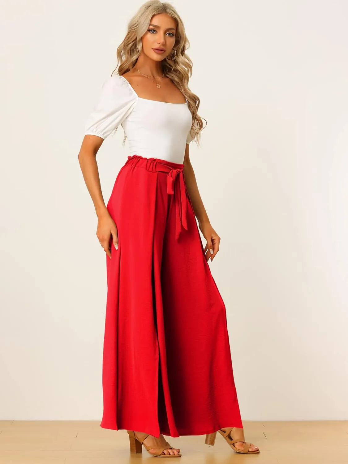 Allegra K Women's High Slit Hem High Waist Casual Wide Leg Long Palazzo Pants