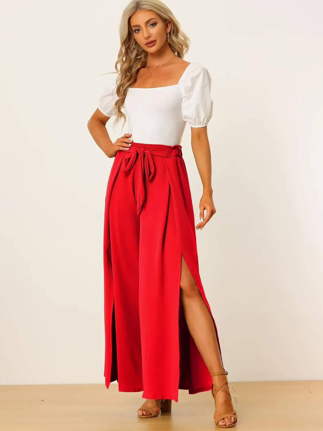 Allegra K Women's High Slit Hem High Waist Casual Wide Leg Long Palazzo Pants