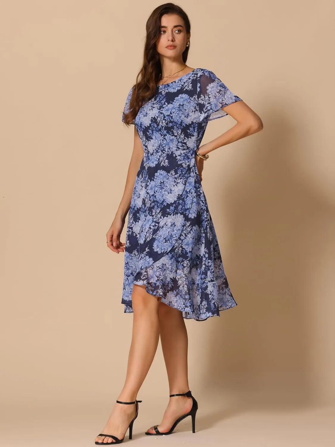 Allegra K Women's Summer Midi Dress Ruffle High Low Hem Short Sleeve Flowy Floral Dress
