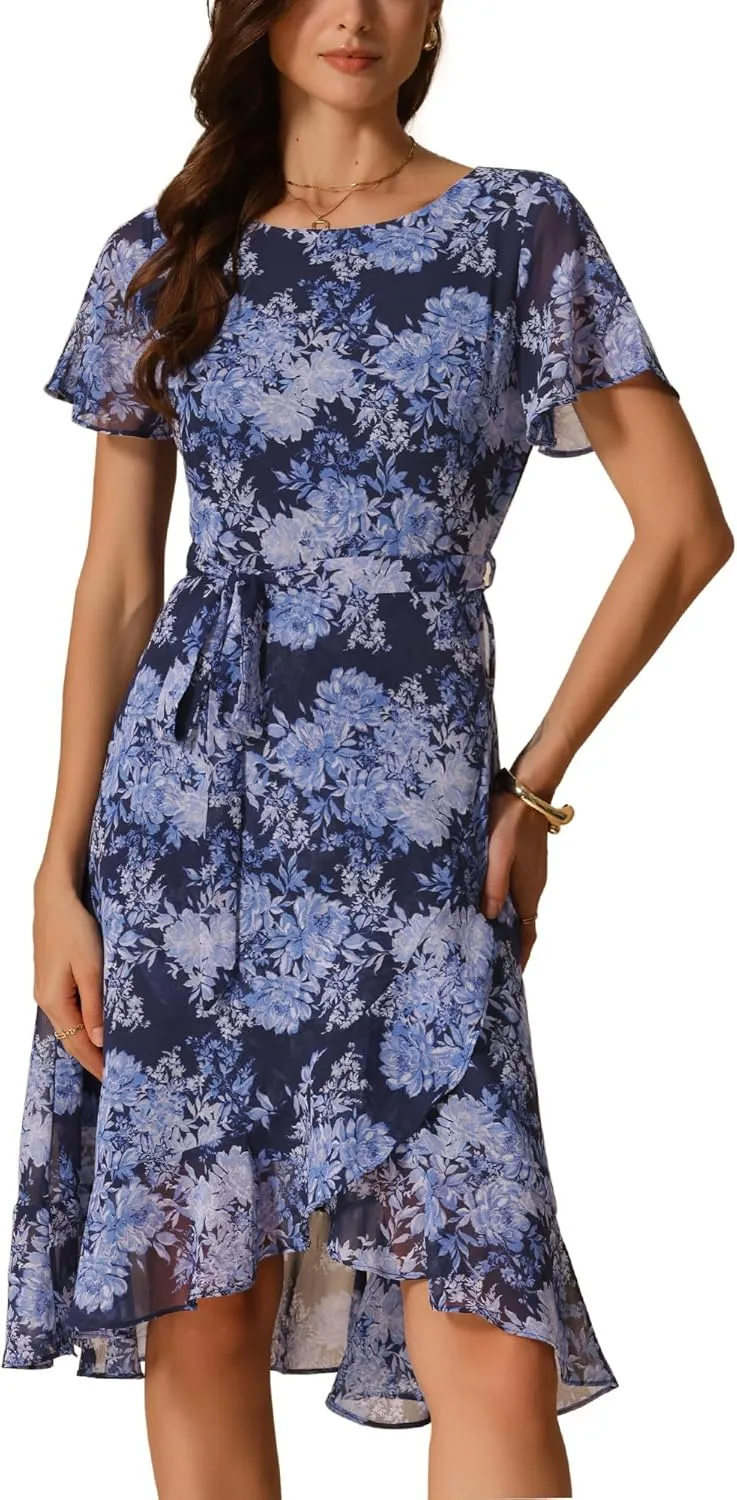 Allegra K Women's Summer Midi Dress Ruffle High Low Hem Short Sleeve Flowy Floral Dress