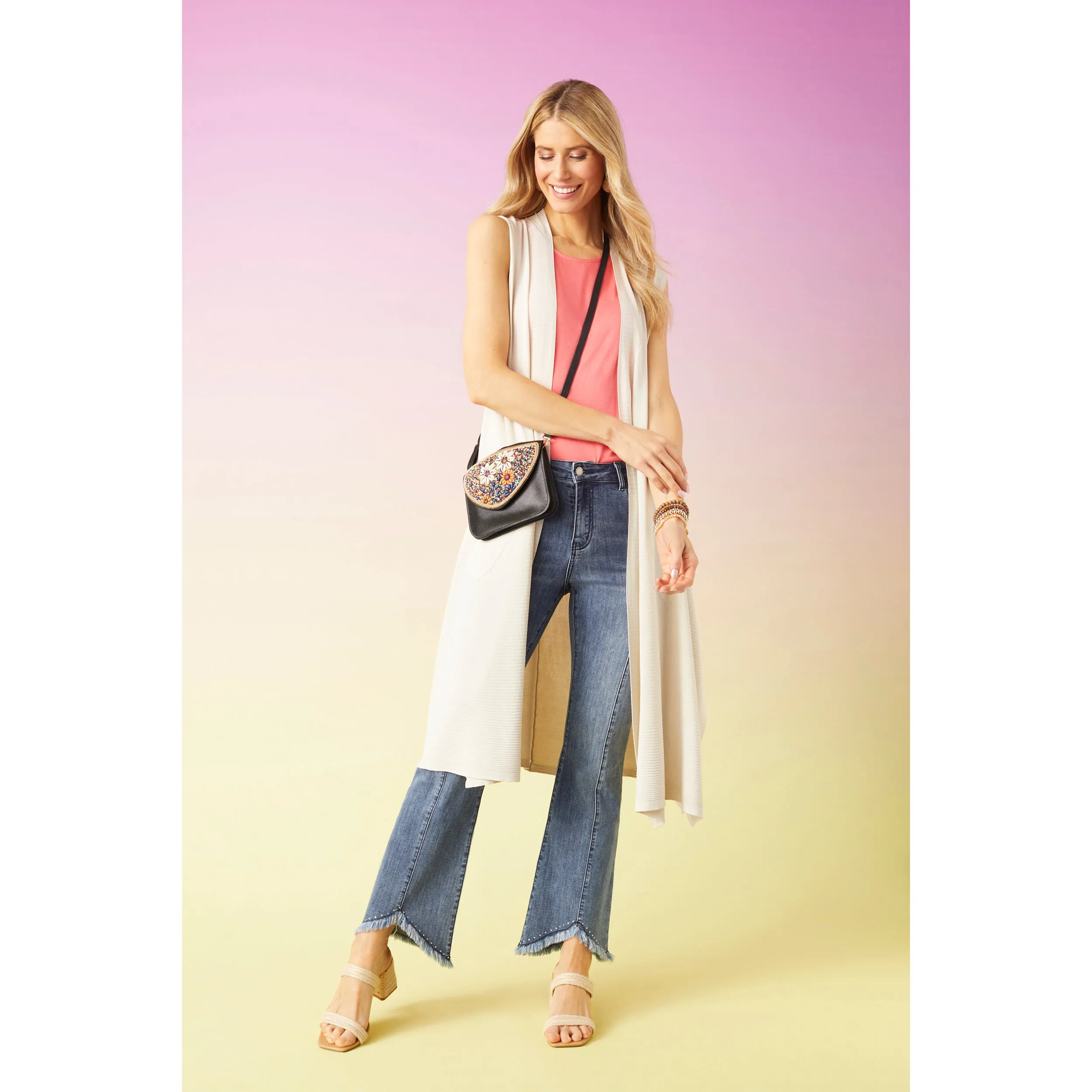 Bambu Soft Flare with Fringe Notched Bottom and Rhinestones - Dark Denim