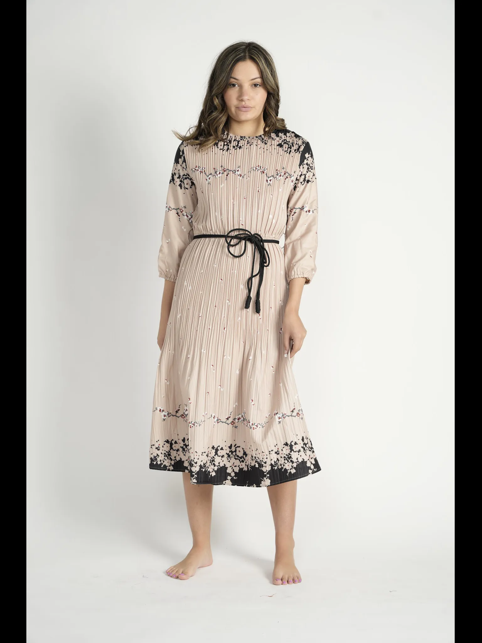 Beige Pleated Border Print Dress