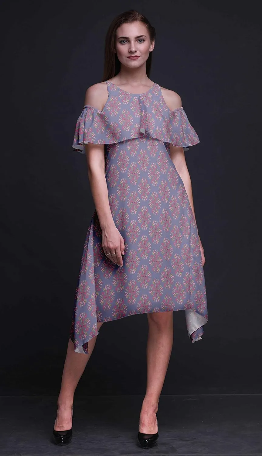 Bimba Butterfly Print Womens Chic Style Cold Shoulder Shift Dress Summer Tunic -Large