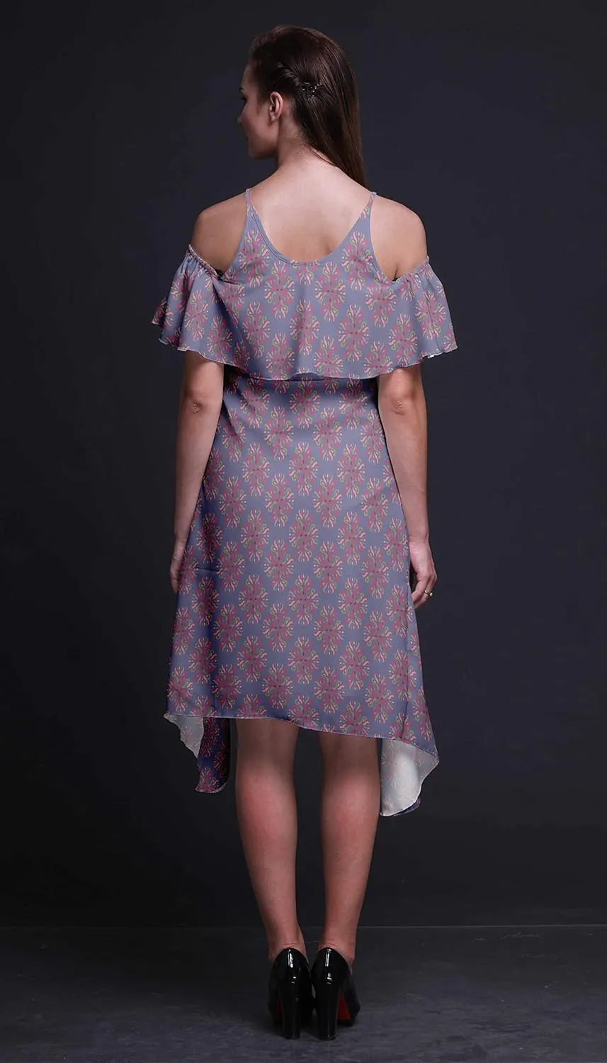 Bimba Butterfly Print Womens Chic Style Cold Shoulder Shift Dress Summer Tunic -Large