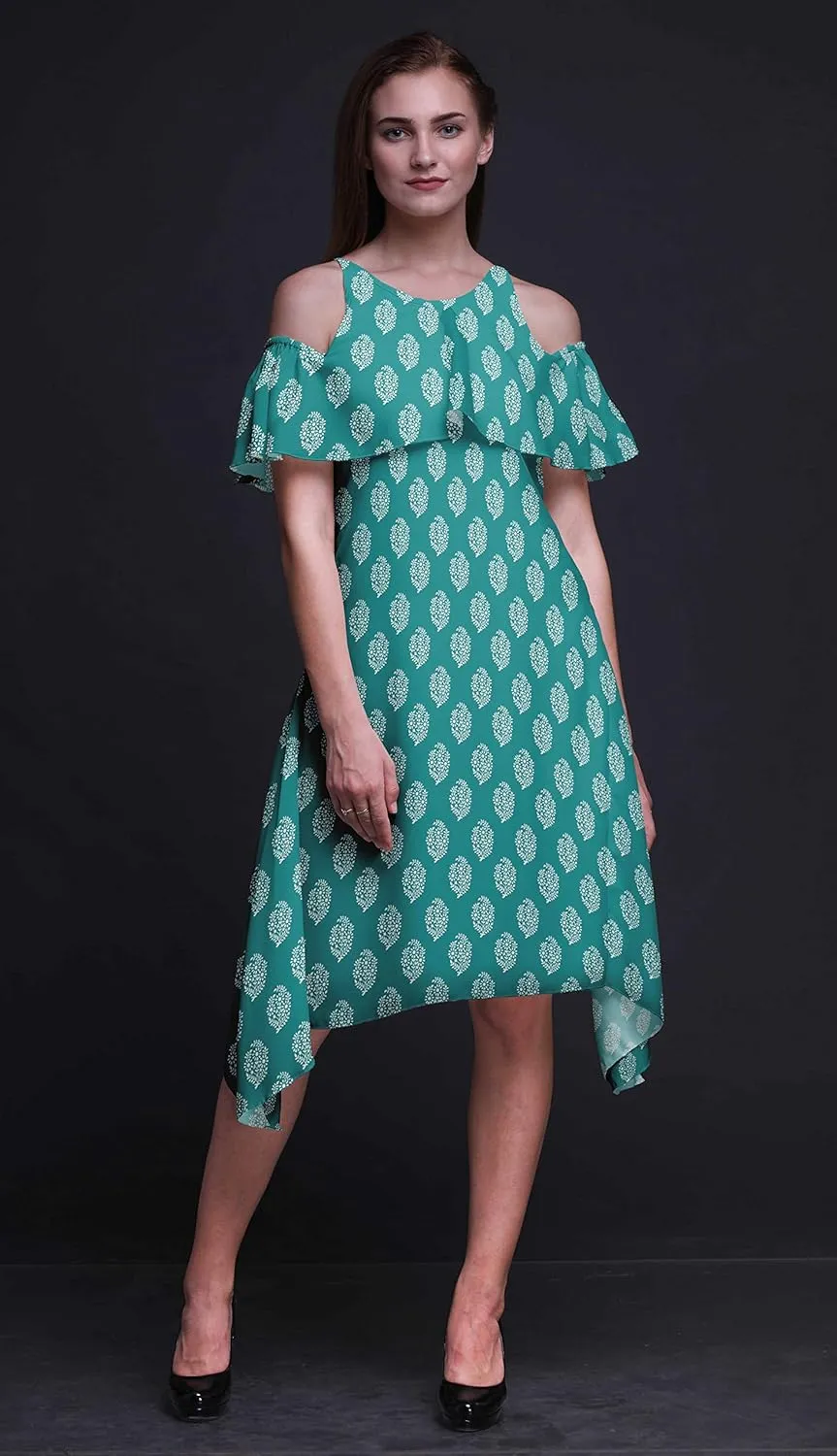 Bimba Butterfly Print Womens Chic Style Cold Shoulder Shift Dress Summer Tunic -Large
