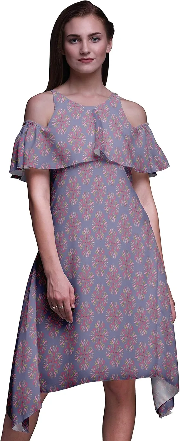 Bimba Butterfly Print Womens Chic Style Cold Shoulder Shift Dress Summer Tunic -Large