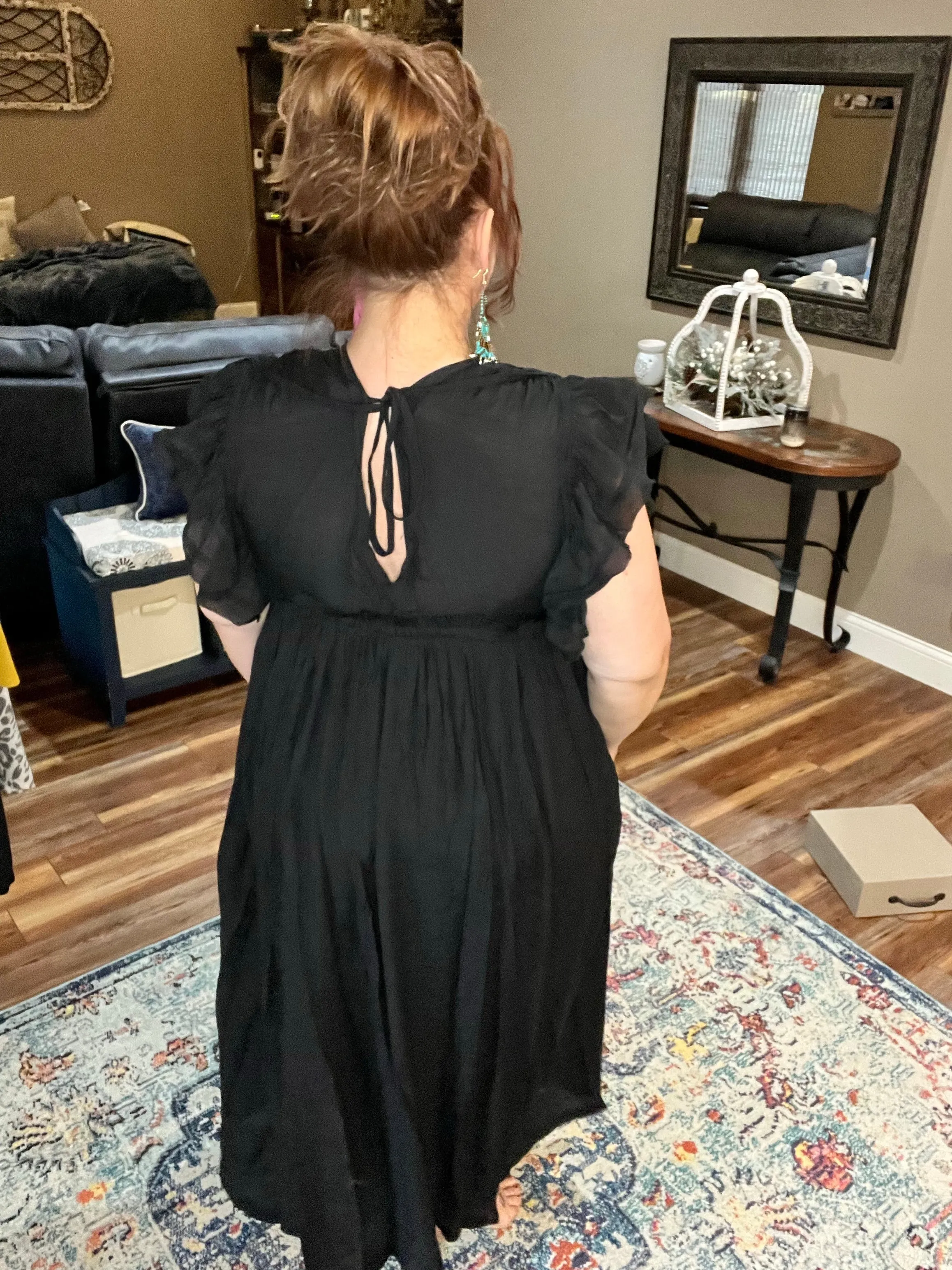 Black Deep V Neck Ruffle Maxi Dress
