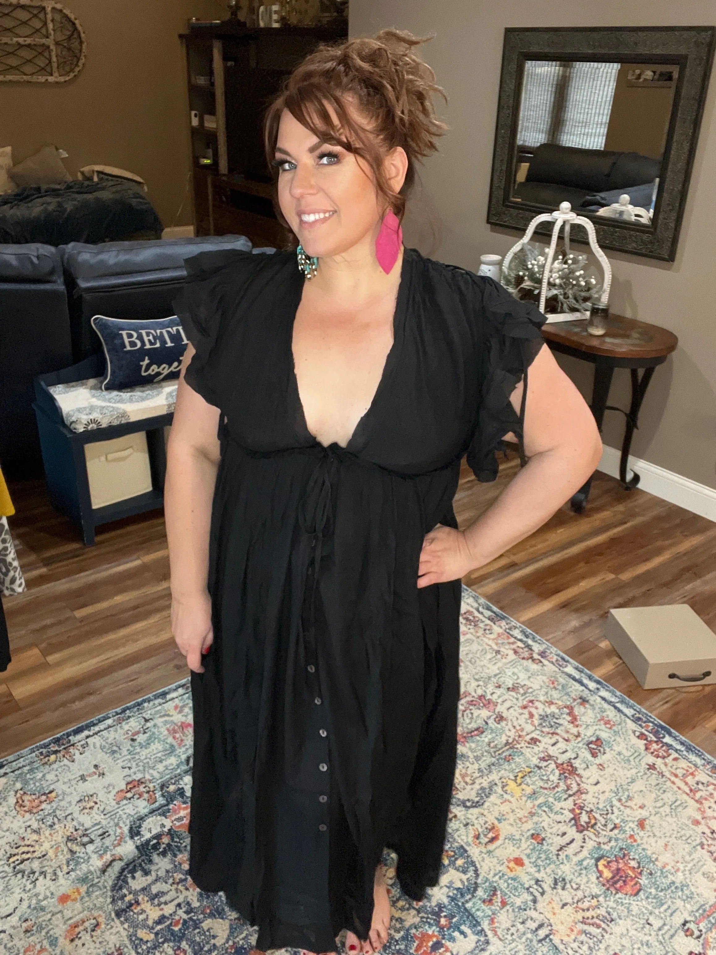 Black Deep V Neck Ruffle Maxi Dress