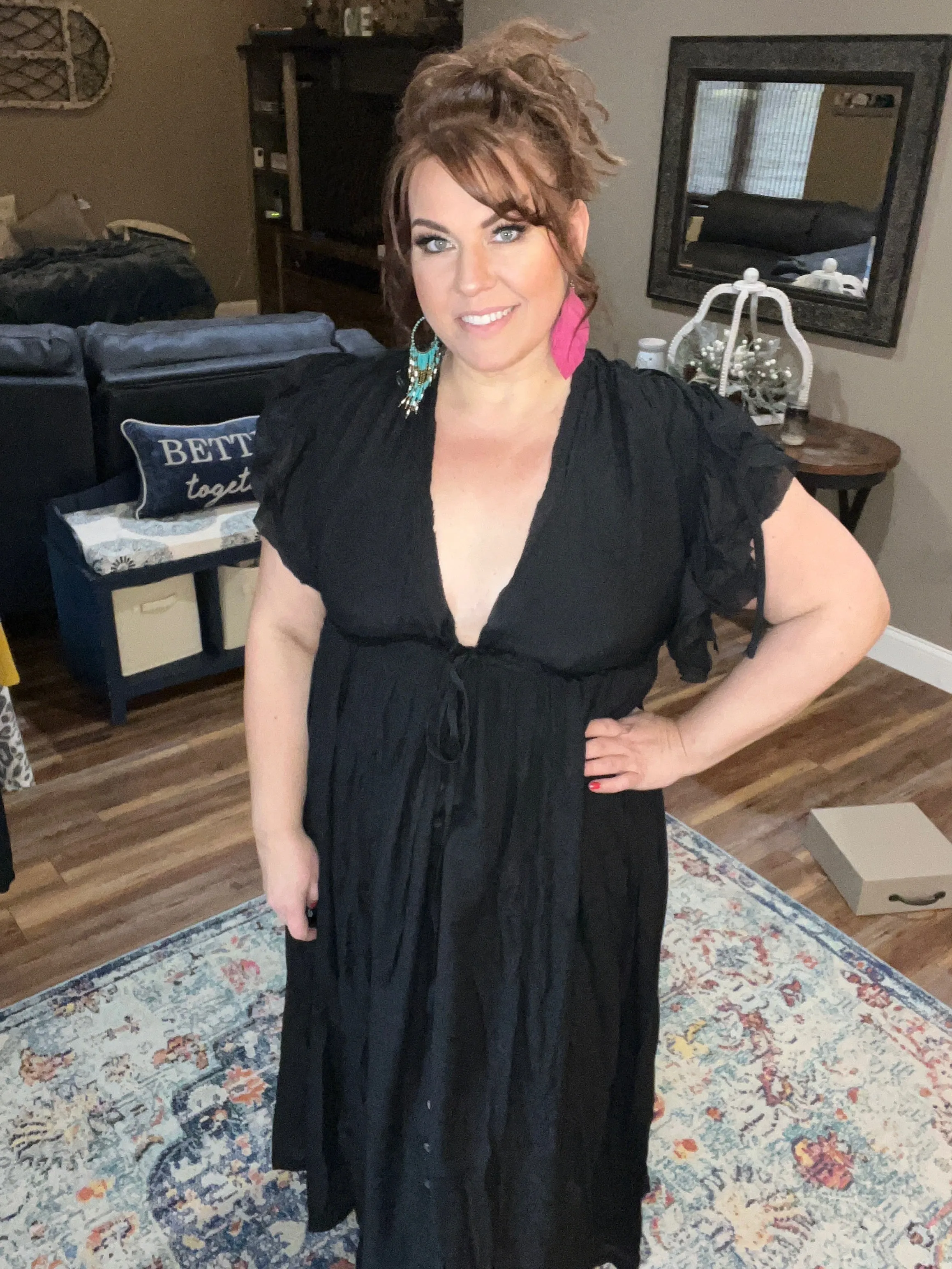 Black Deep V Neck Ruffle Maxi Dress