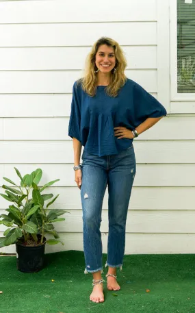 Blue Raw Natural Crinkled Cotton Gauze Blouse