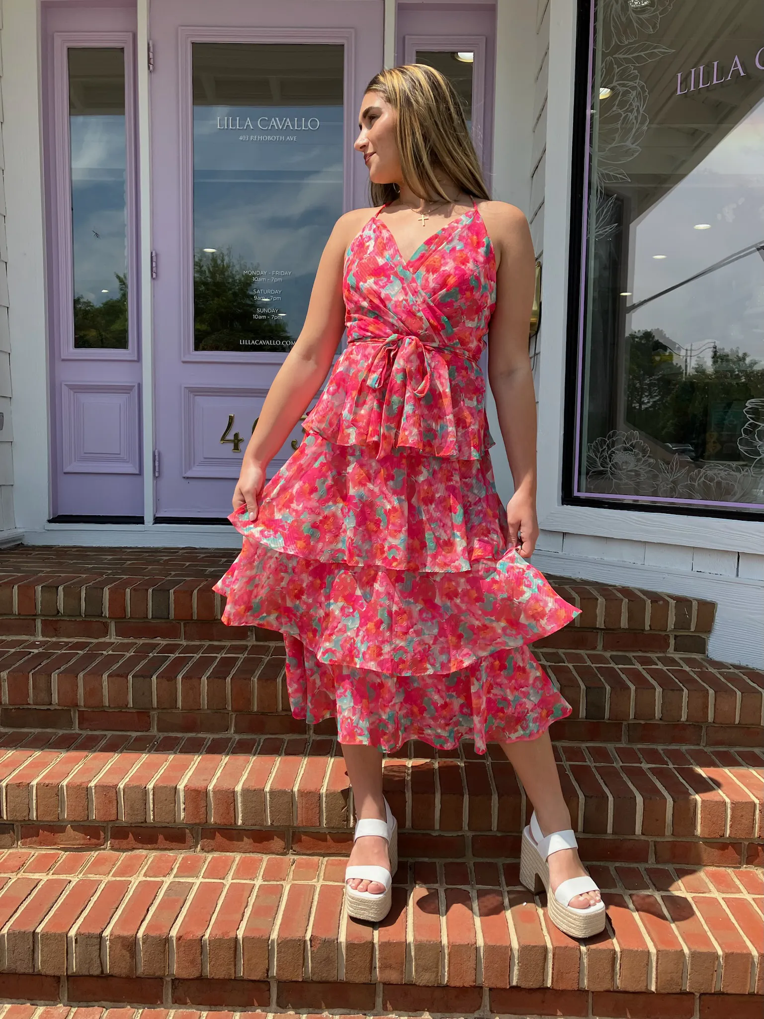 Bright Flowy Tiered Rose Coral Maxi Dress