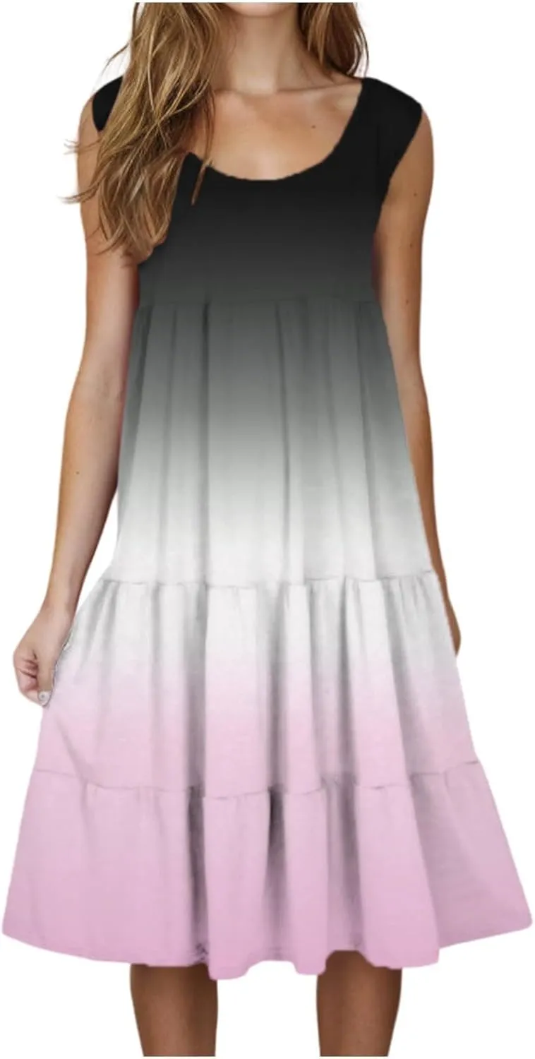 Casual Summer Dresses for Women Loose Sleeveless Crew Neck Gradient Color Dress Fashion Pleated Beach Sundress