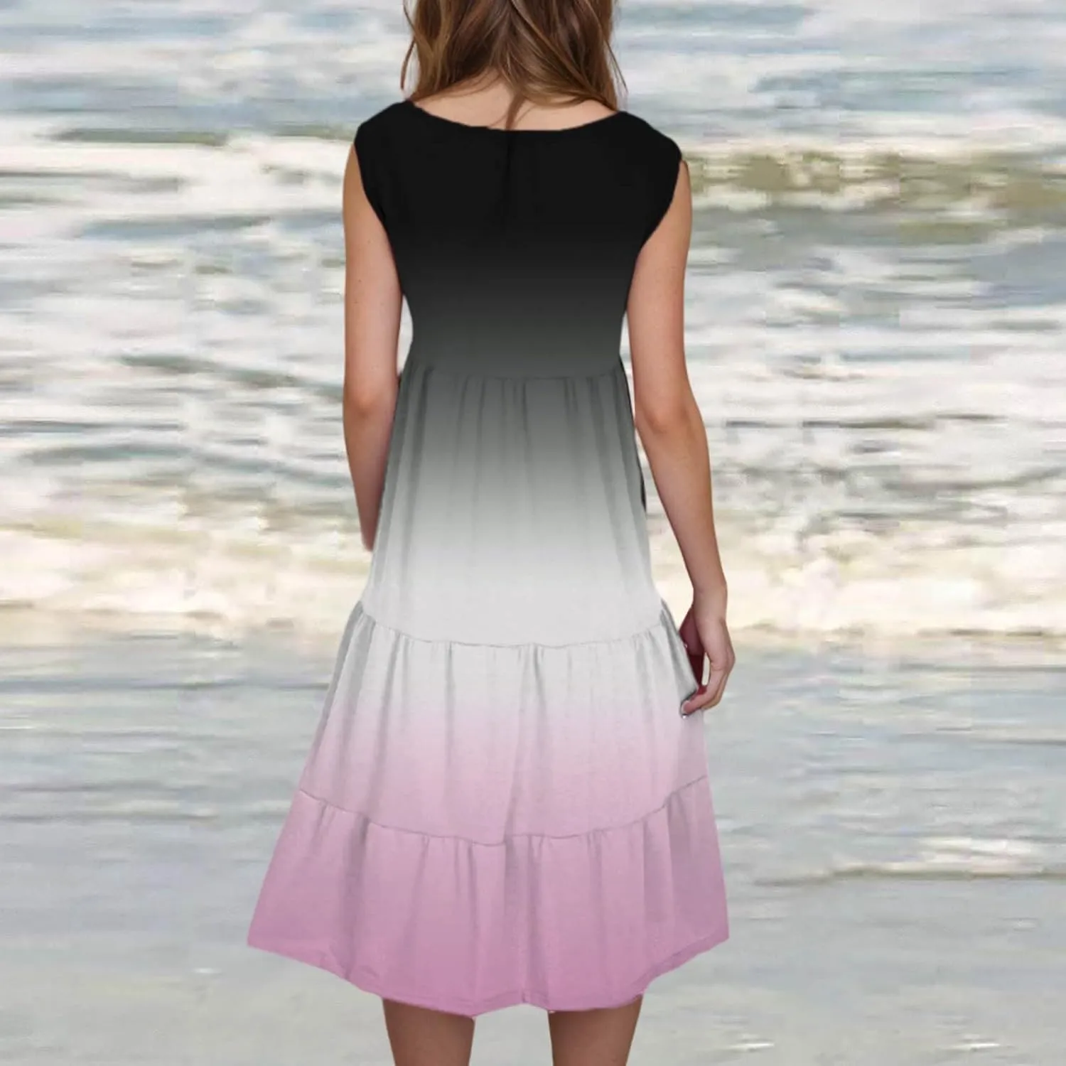 Casual Summer Dresses for Women Loose Sleeveless Crew Neck Gradient Color Dress Fashion Pleated Beach Sundress