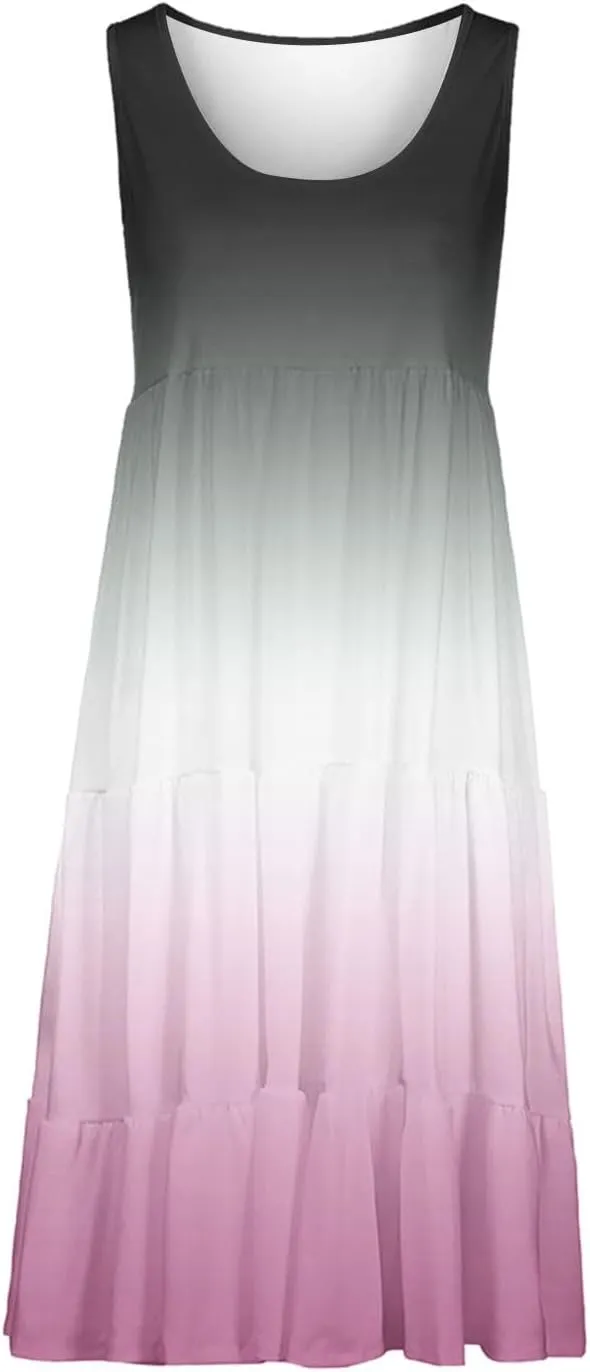 Casual Summer Dresses for Women Loose Sleeveless Crew Neck Gradient Color Dress Fashion Pleated Beach Sundress