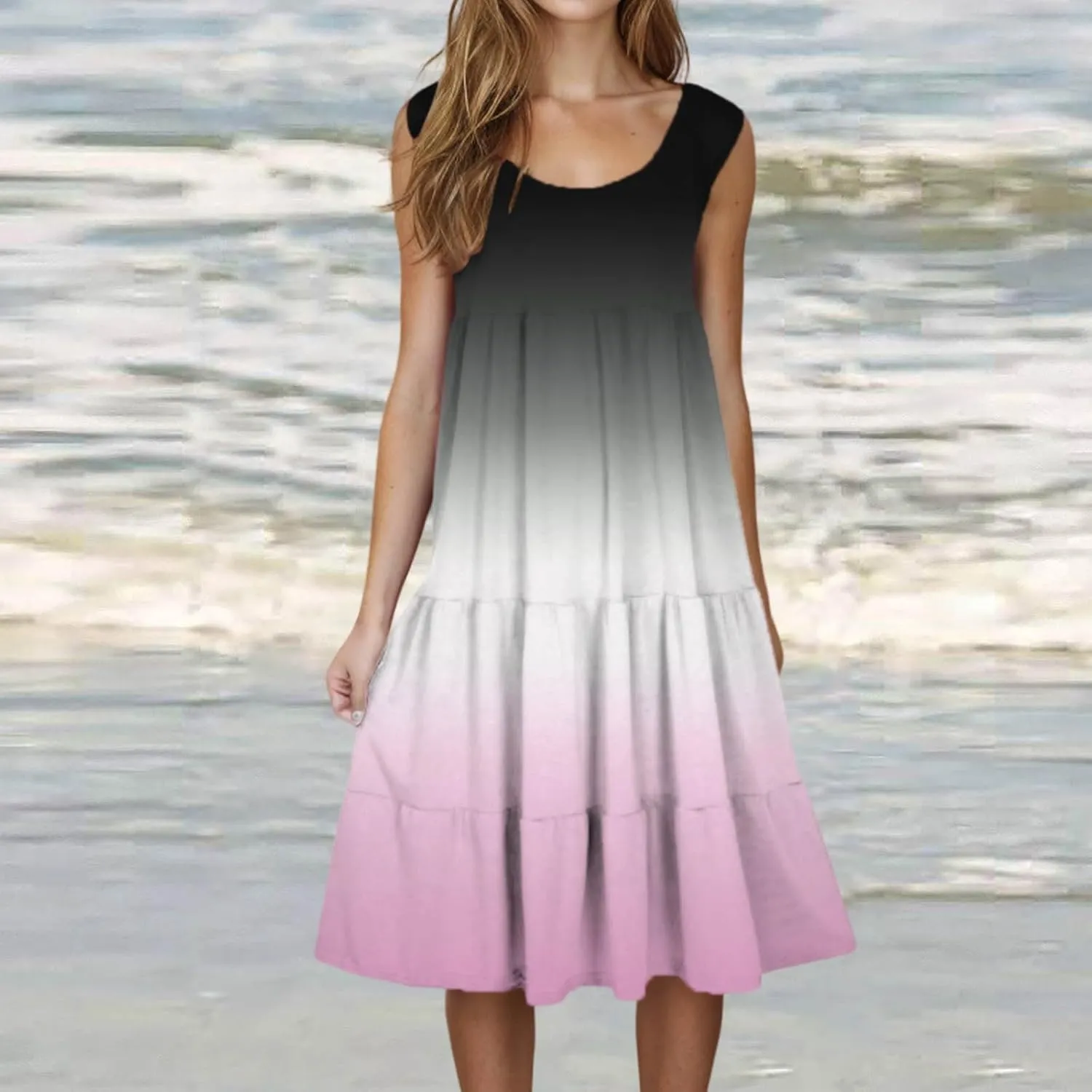 Casual Summer Dresses for Women Loose Sleeveless Crew Neck Gradient Color Dress Fashion Pleated Beach Sundress