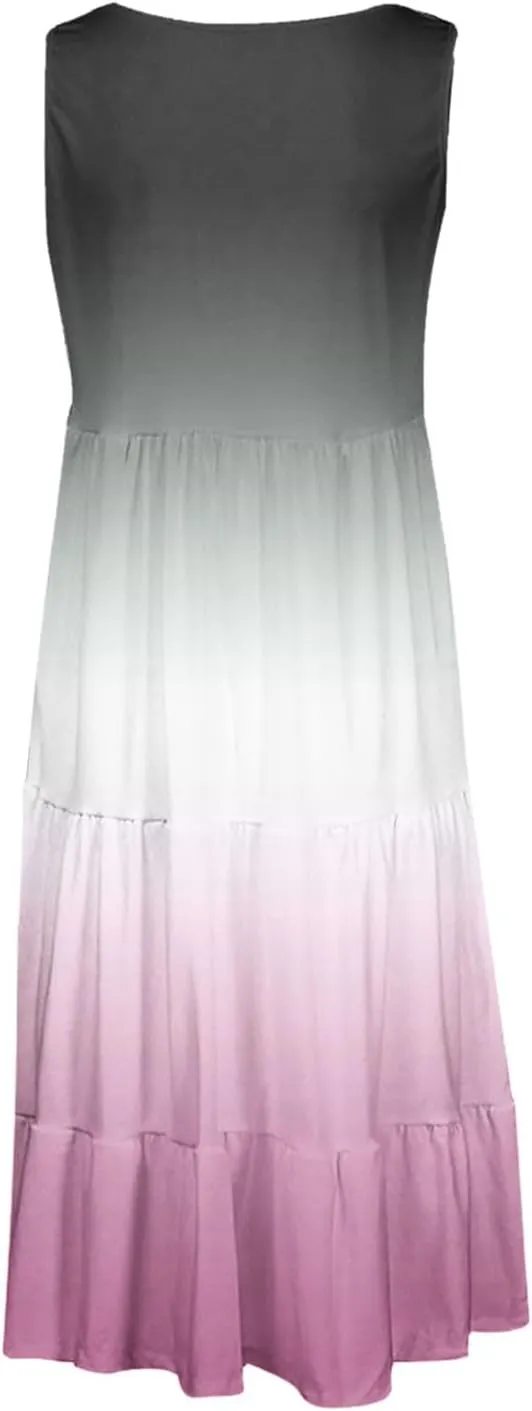 Casual Summer Dresses for Women Loose Sleeveless Crew Neck Gradient Color Dress Fashion Pleated Beach Sundress