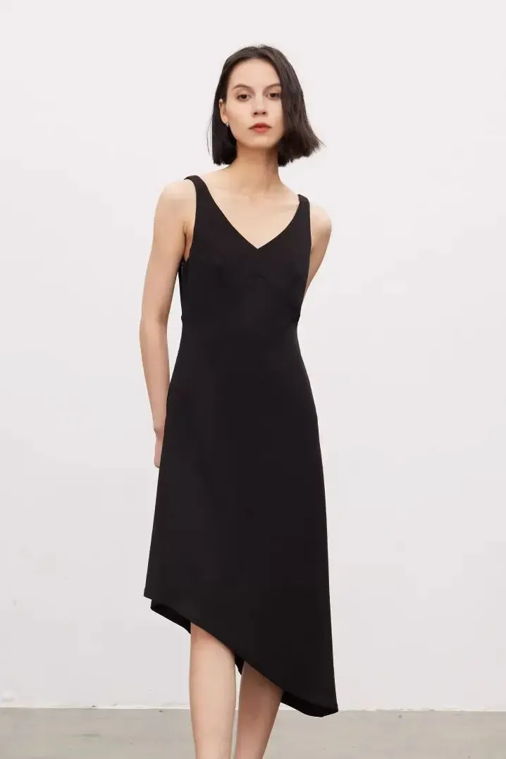 Chic Asymmetrical V-Neck Black Party Dress