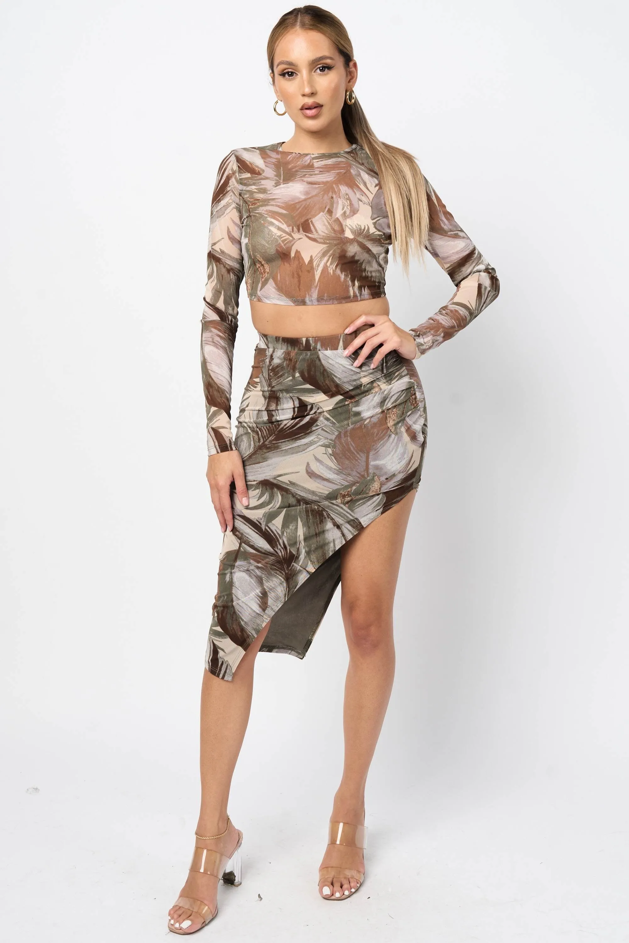 CHIC LEAF MESH CROP TOP & KNEE LENGTH SKIRT SETS