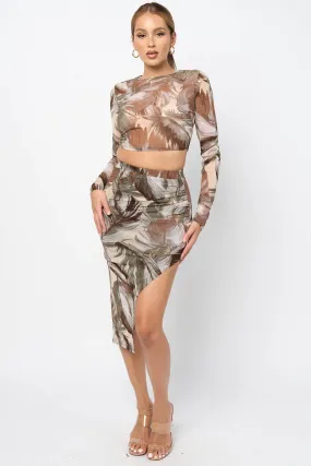 CHIC LEAF MESH CROP TOP & KNEE LENGTH SKIRT SETS