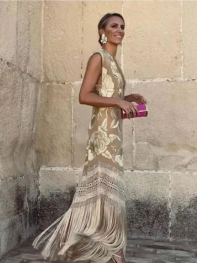 Chic V Neck Tassels Patchwork Dress: Elegant Sleeveless Apparel for Women