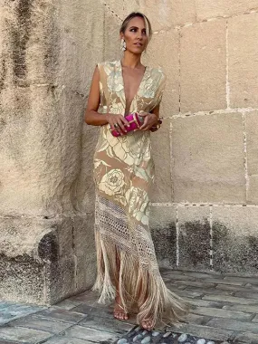 Chic V Neck Tassels Patchwork Dress: Elegant Sleeveless Apparel for Women