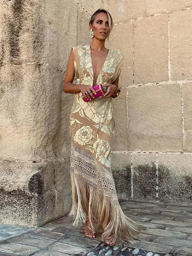 Chic V Neck Tassels Patchwork Dress: Elegant Sleeveless Apparel for Women