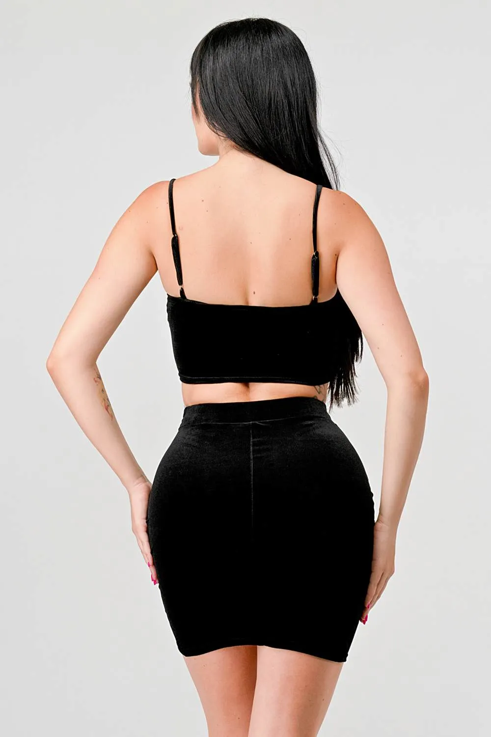 CHIC VELVETY RUCHED CAMI CROPPED TOP AND SKIRT SET