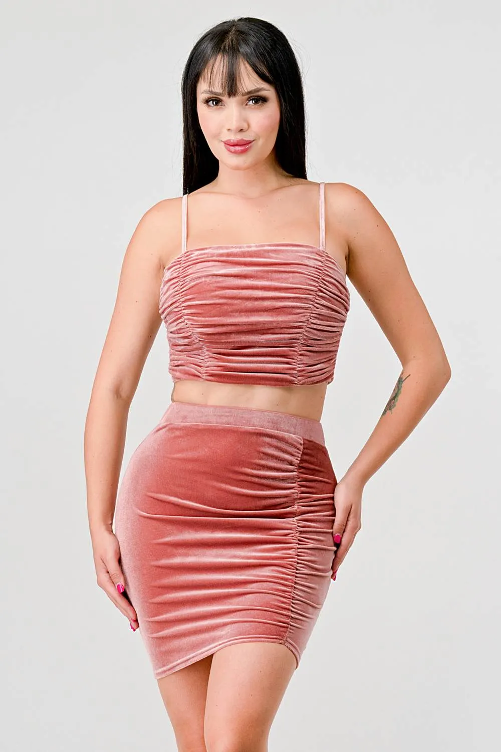 CHIC VELVETY RUCHED CAMI CROPPED TOP AND SKIRT SET