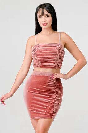 CHIC VELVETY RUCHED CAMI CROPPED TOP AND SKIRT SET
