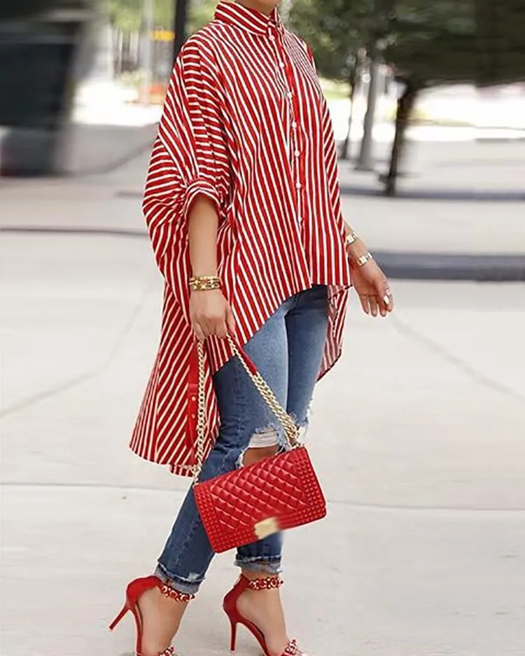 Classy Button Comfortable Versatile Loose Striped Shirt