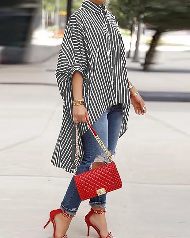 Classy Button Comfortable Versatile Loose Striped Shirt
