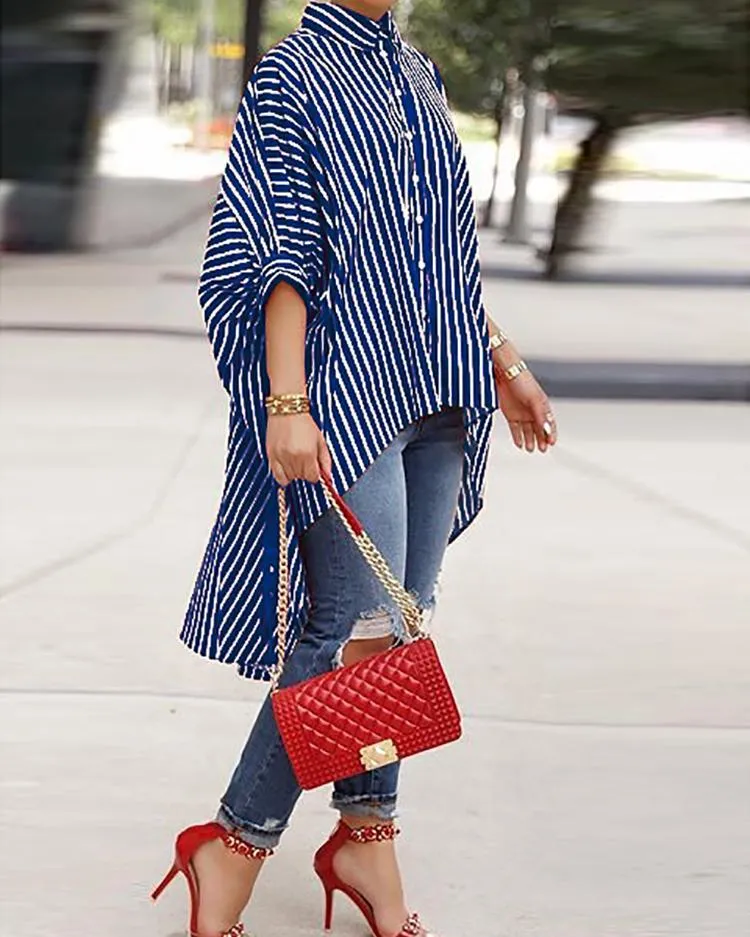 Classy Button Comfortable Versatile Loose Striped Shirt