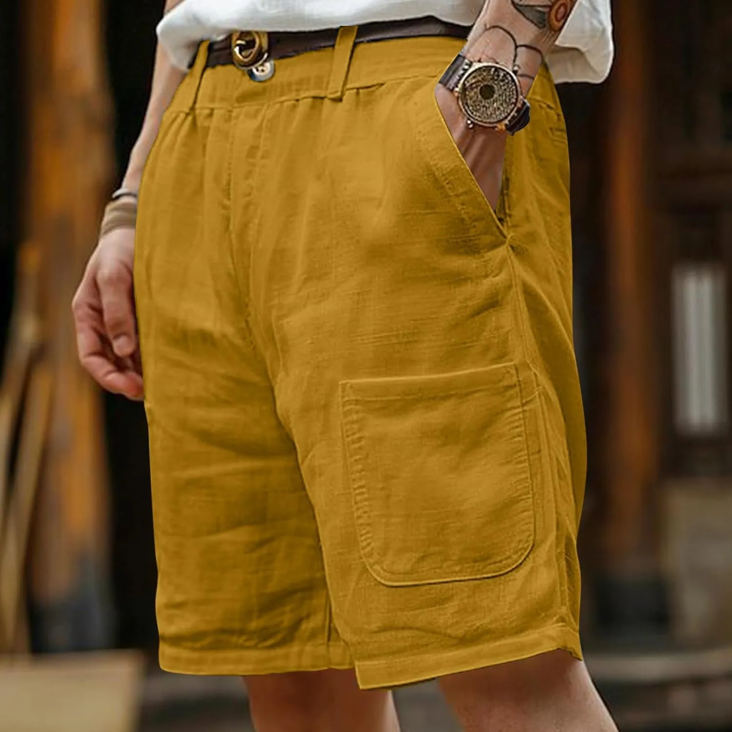Cotton Linen Shorts Men Classic-Fit Solid Color Mid-Rise Jorts Baggy Casual Lounge Mens Short Pants with Pockets