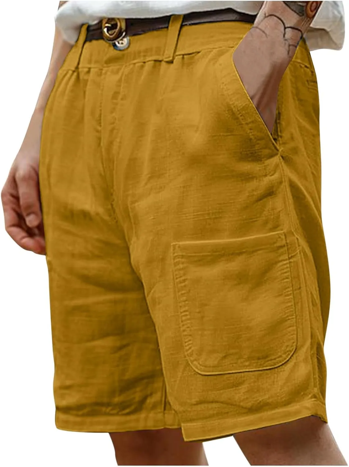 Cotton Linen Shorts Men Classic-Fit Solid Color Mid-Rise Jorts Baggy Casual Lounge Mens Short Pants with Pockets