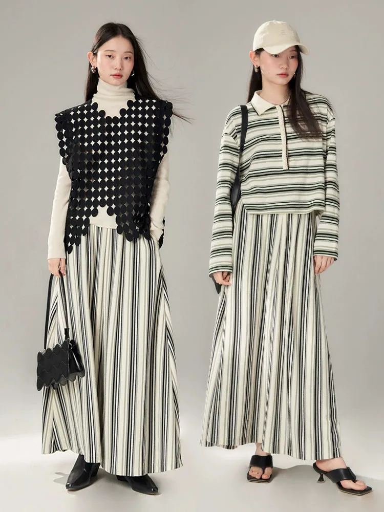 Easy Chic Grainy Texture Striped Knitted POLO Shirt ＆ Skirt