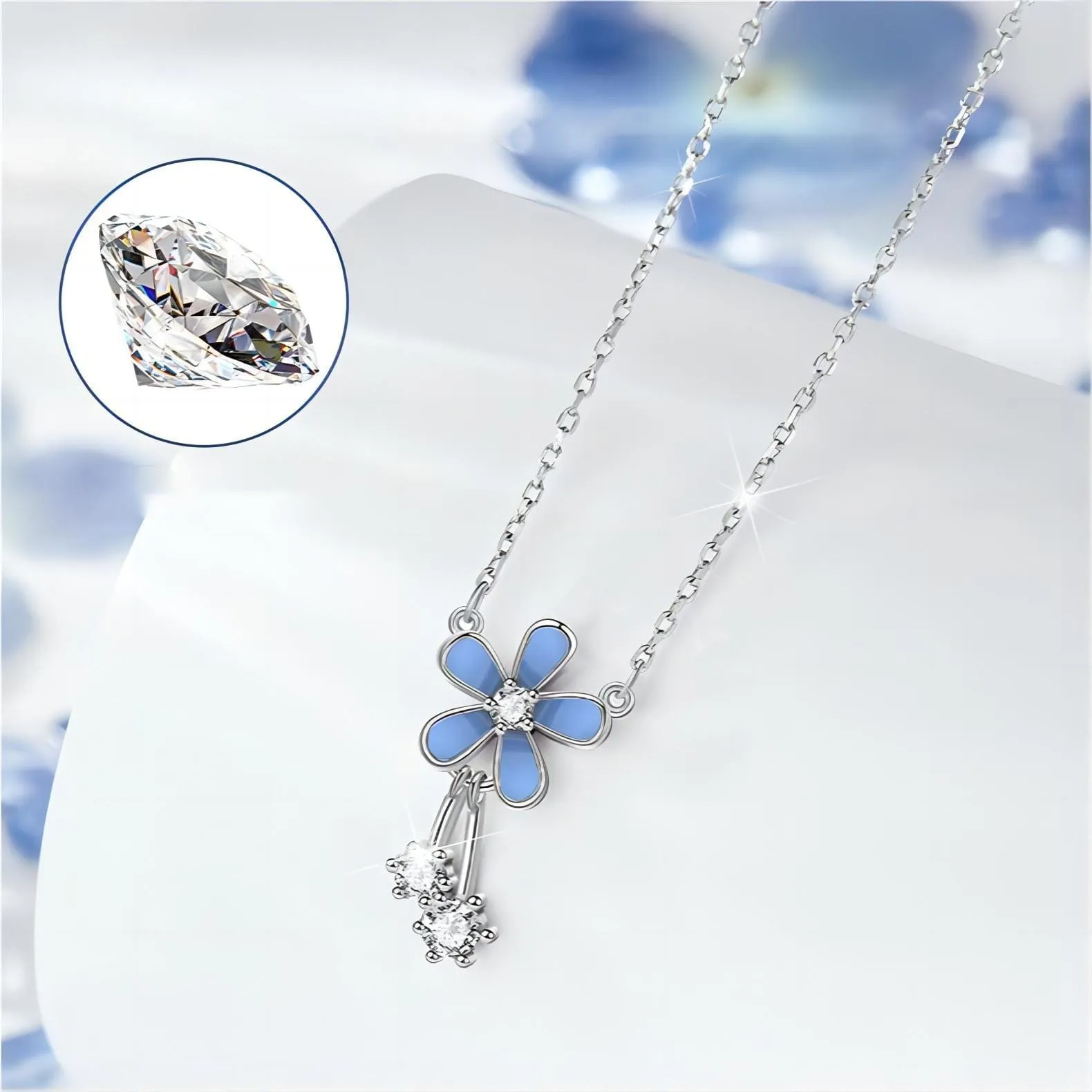 Elegant Blue Daisy Necklace