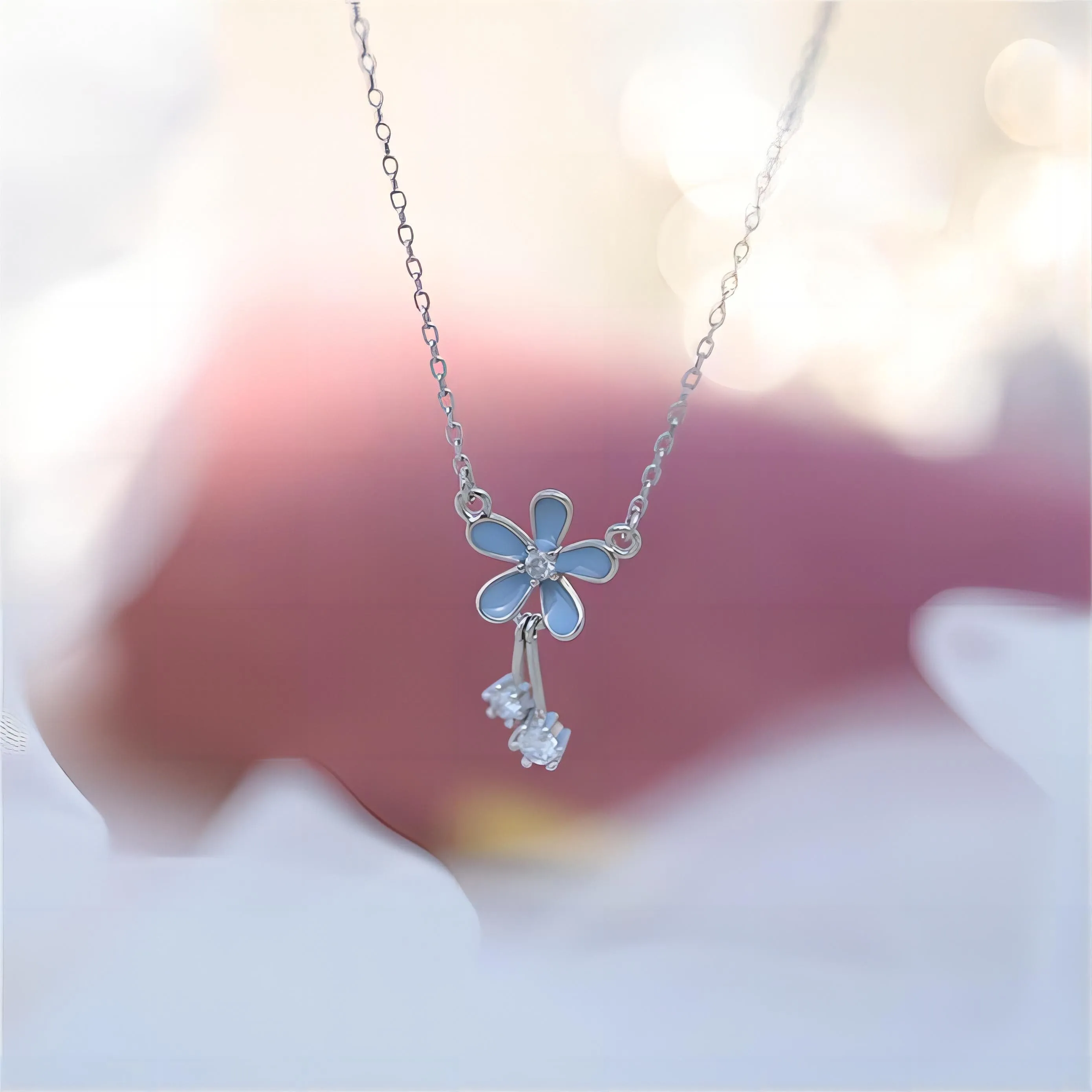 Elegant Blue Daisy Necklace
