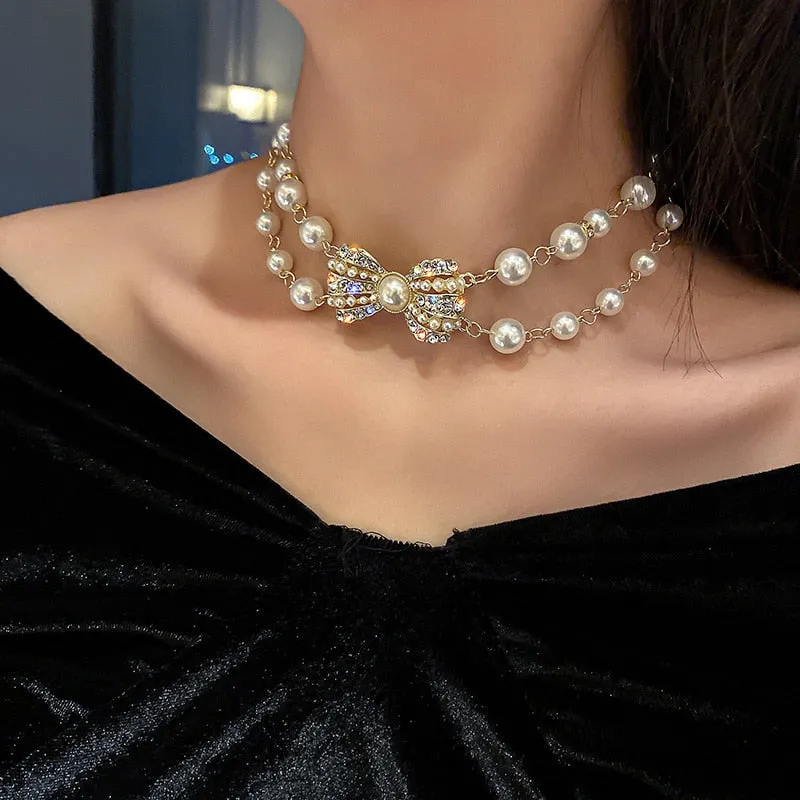 Elegant Crystal Simulated Pearl Choker Necklace