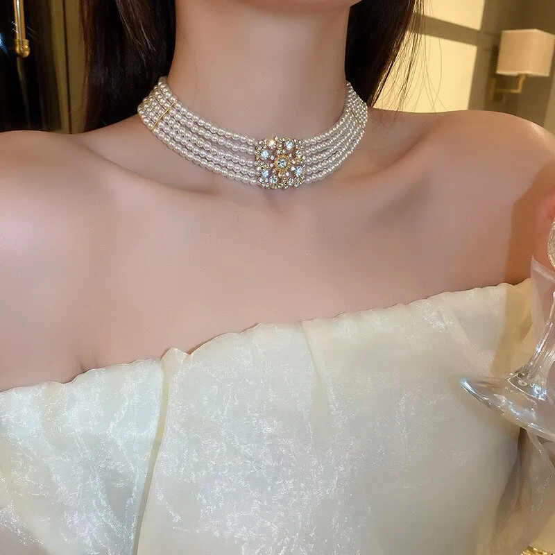 Elegant Crystal Simulated Pearl Choker Necklace