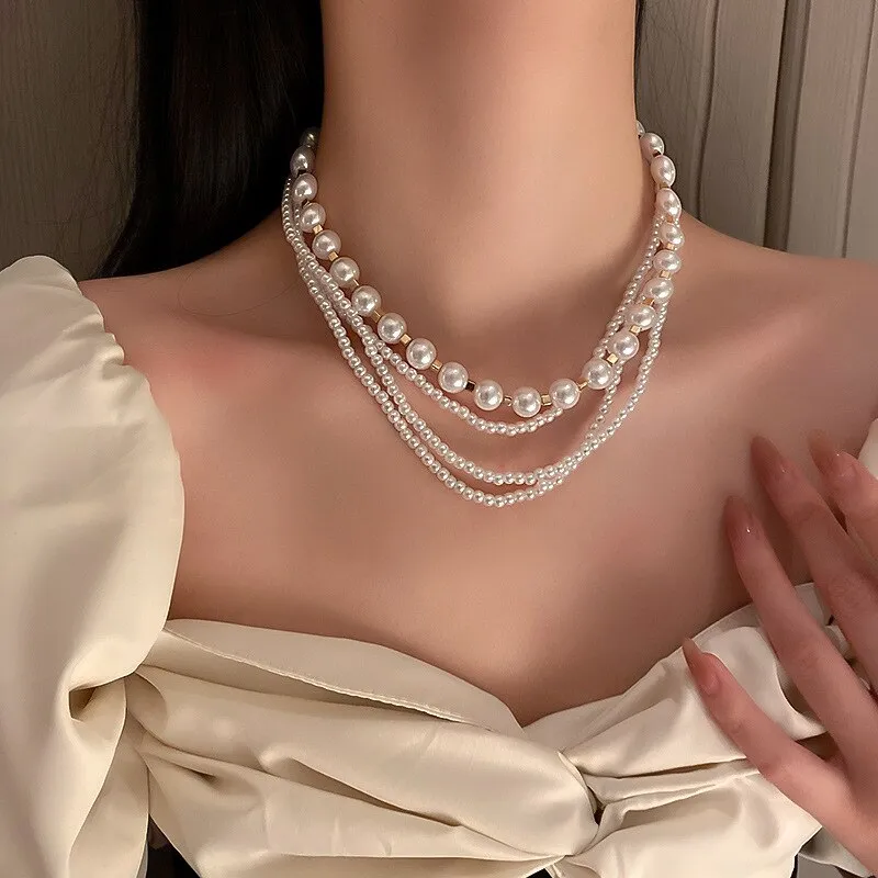 Elegant Crystal Simulated Pearl Choker Necklace