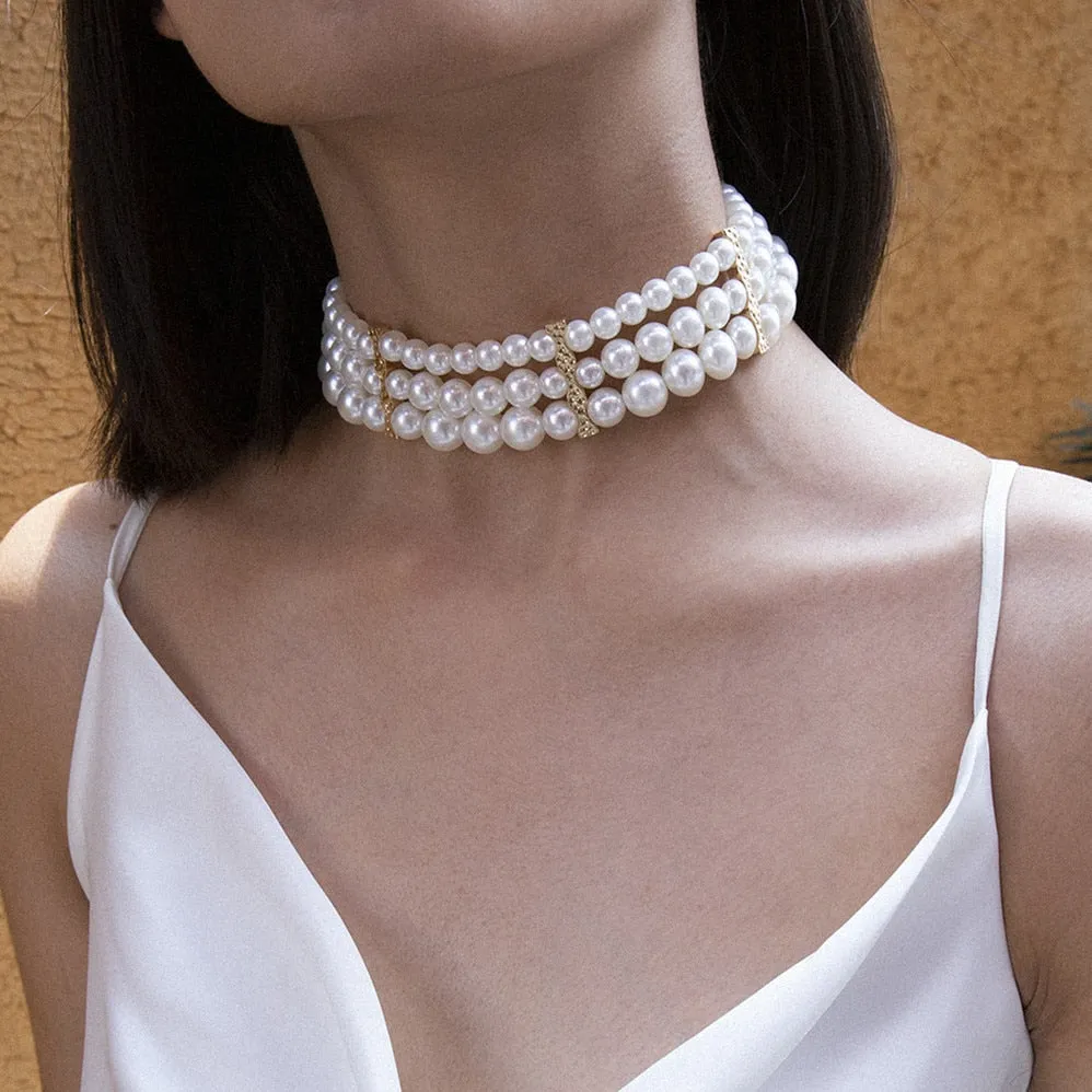 Elegant Crystal Simulated Pearl Choker Necklace