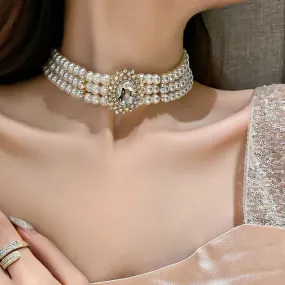 Elegant Crystal Simulated Pearl Choker Necklace