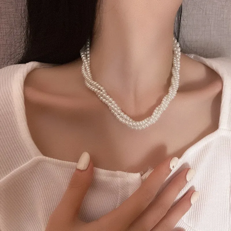 Elegant Crystal Simulated Pearl Choker Necklace