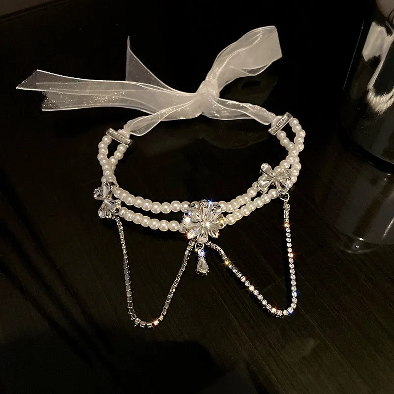 Elegant Crystal Simulated Pearl Choker Necklace