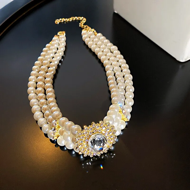Elegant Crystal Simulated Pearl Choker Necklace