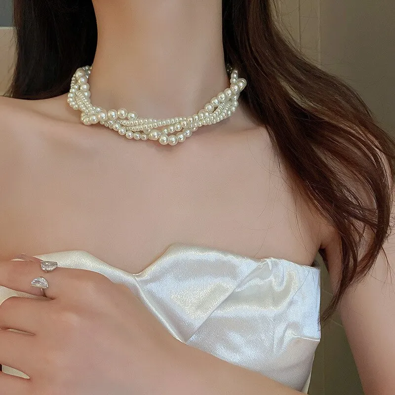 Elegant Crystal Simulated Pearl Choker Necklace
